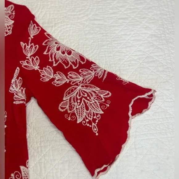 Anthropologie Solitaire -Red/White Embroidery 3/4 Length Sleeve. Bohemian. Small - Picture 2 of 8